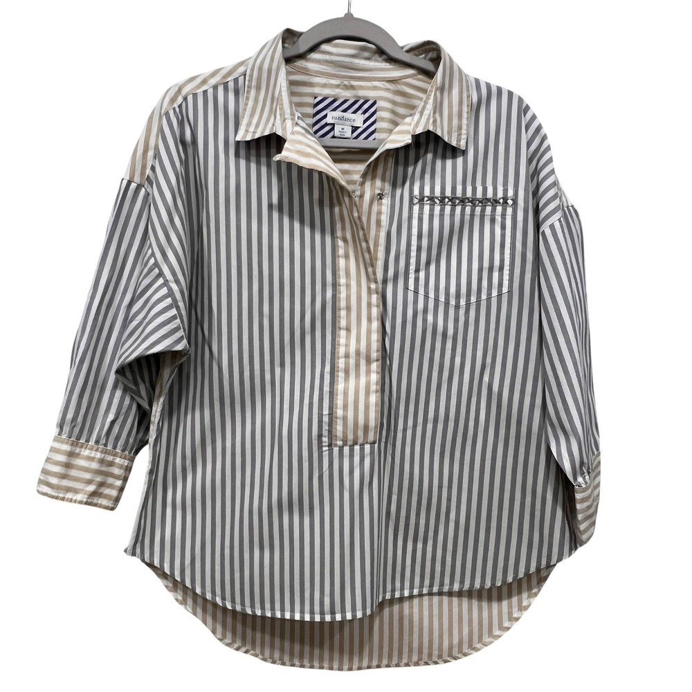 Sundance Mixed Stripe Cotton Poplin Top Grey Tan Embroidered‎ Boho Shirt Size M